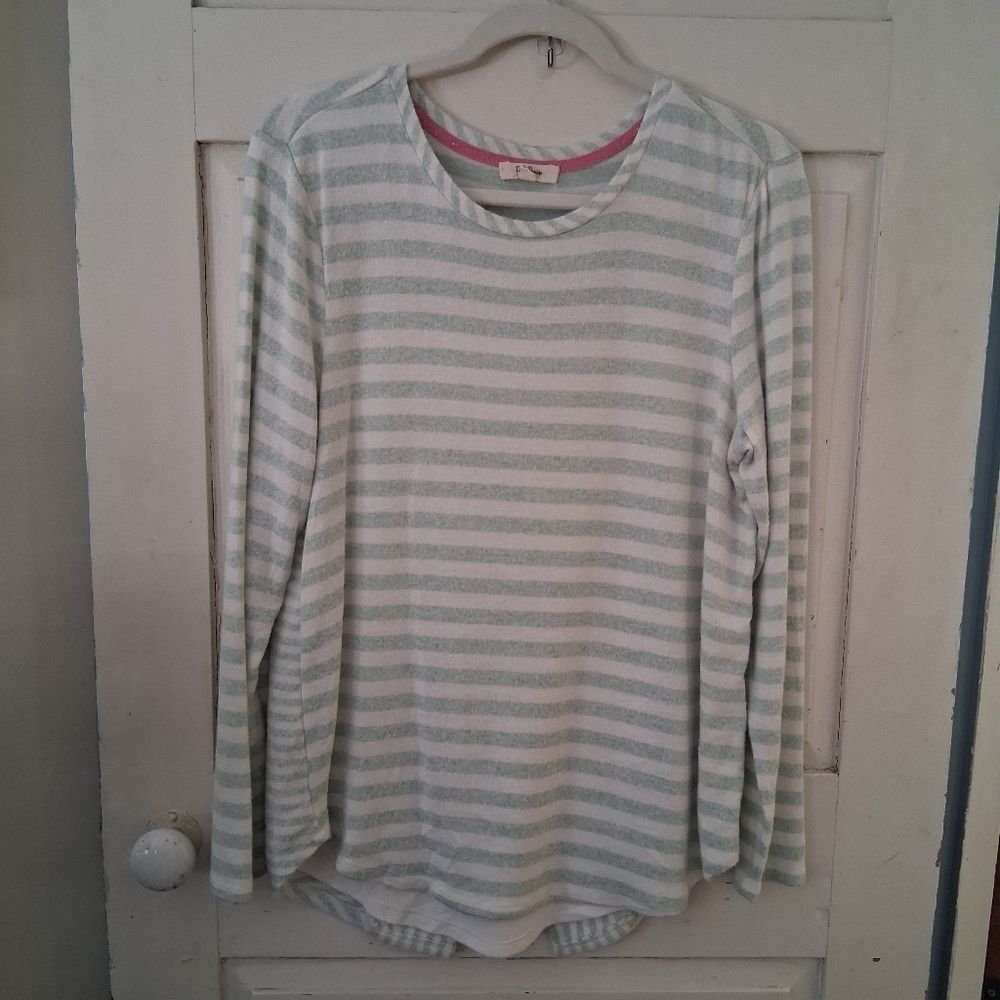 Peyton Primrose Striped Tunic Length Open Back Sweater - Mint Green and White